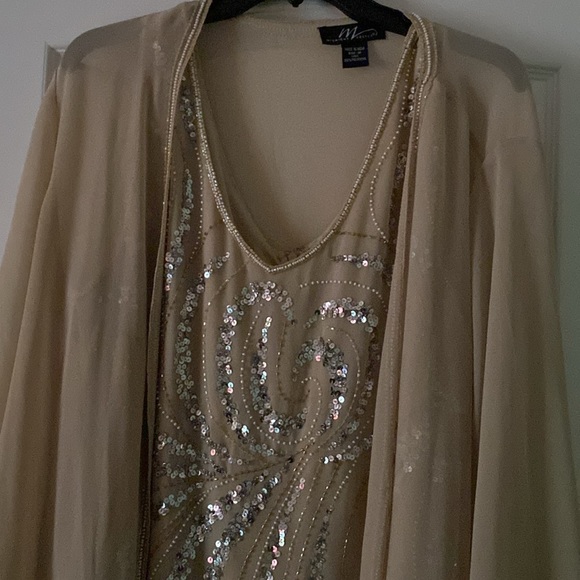 Women's Midnight Velvet Beige Dress with White, Silver, and Gold Embellishments - Picture 3 of 12